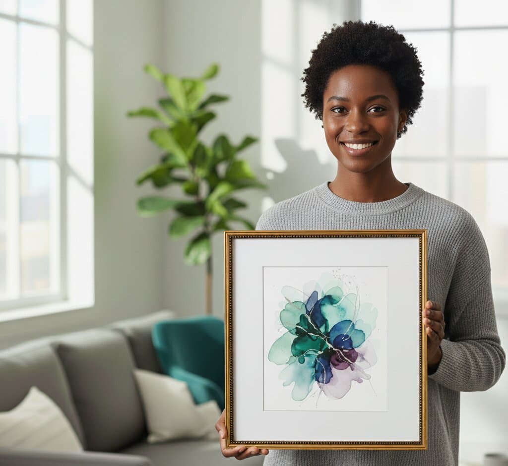 Smiling woman in gray sweater holds Brushed Gold Frame beaded frame displaying elegant watercolor floral artwork in teal turquoise and purple tones