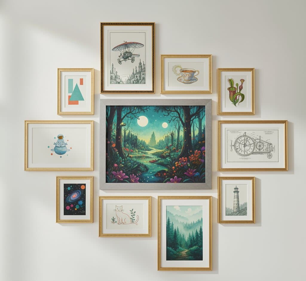Enchanting gallery wall of eleven Brushed Gold Frame beaded frames featuring whimsical fantasy forest centerpiece surrounded by vintage steampunk illustrations botanical sketches and geometric art