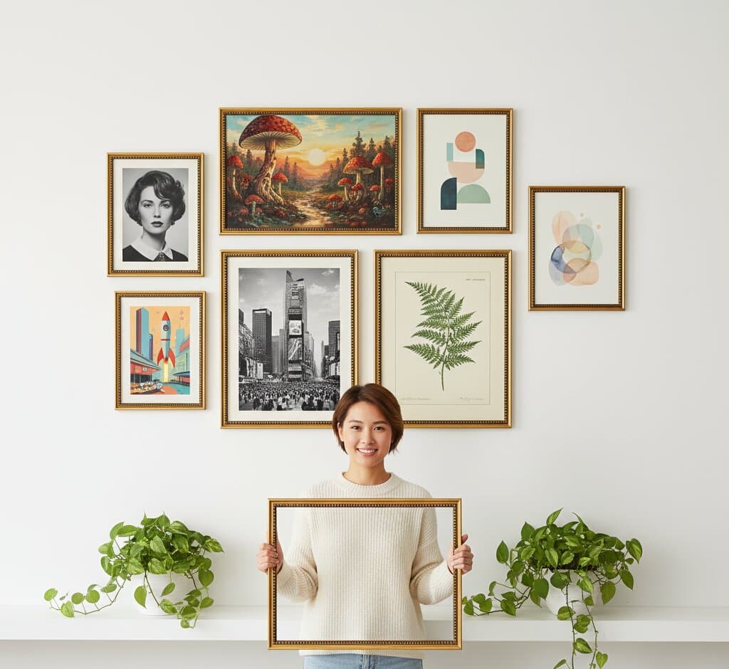 Smiling woman holds empty Brushed Gold Frame beaded frame against eclectic gallery wall featuring vintage portrait fantasy mushroom landscape cityscape and botanical prints