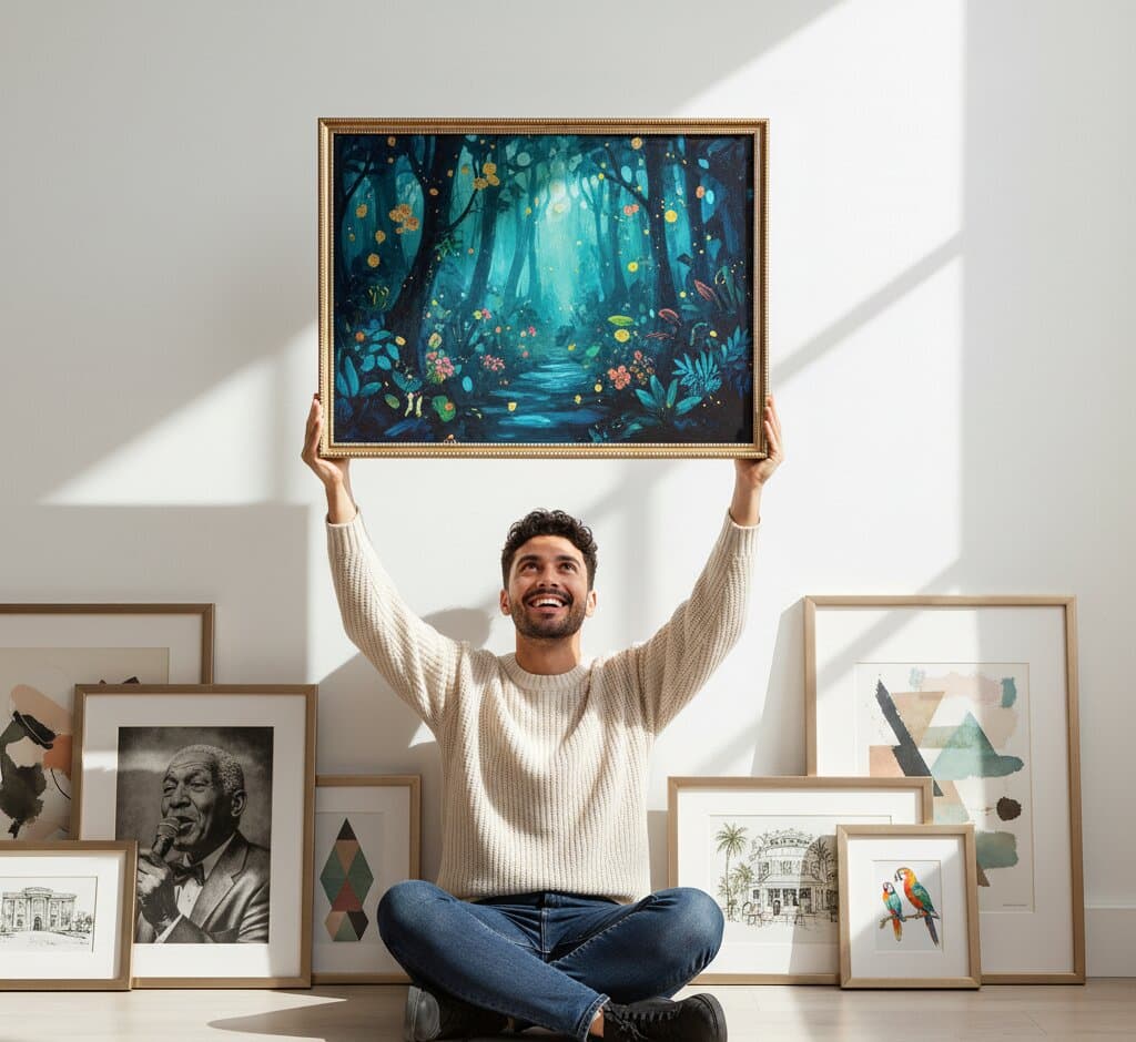 Joyful man seated on floor holds aloft Brushed Gold Frame beaded frame displaying enchanted forest painting with pink foliage surrounded by collection of framed artwork
