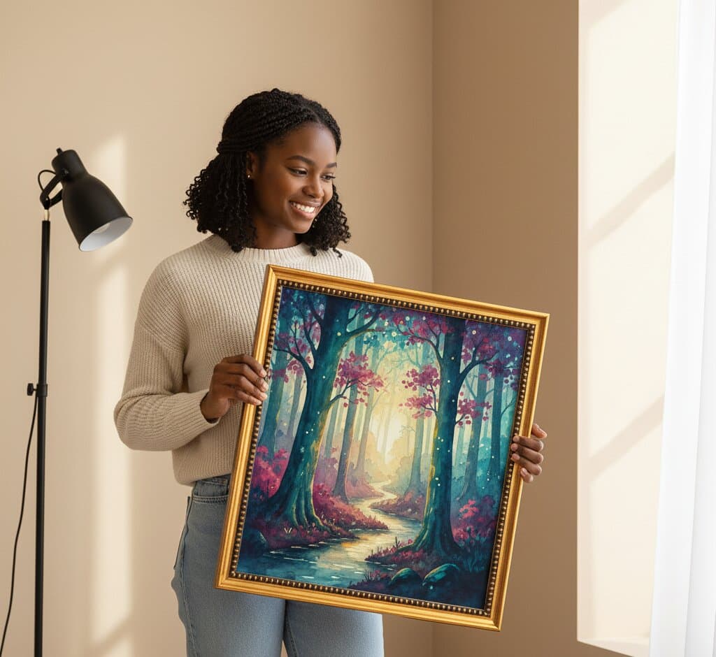Smiling woman holds Brushed Gold Frame beaded frame showcasing magical forest path painting with pink cherry blossom trees and golden sunlight in warm modern interior