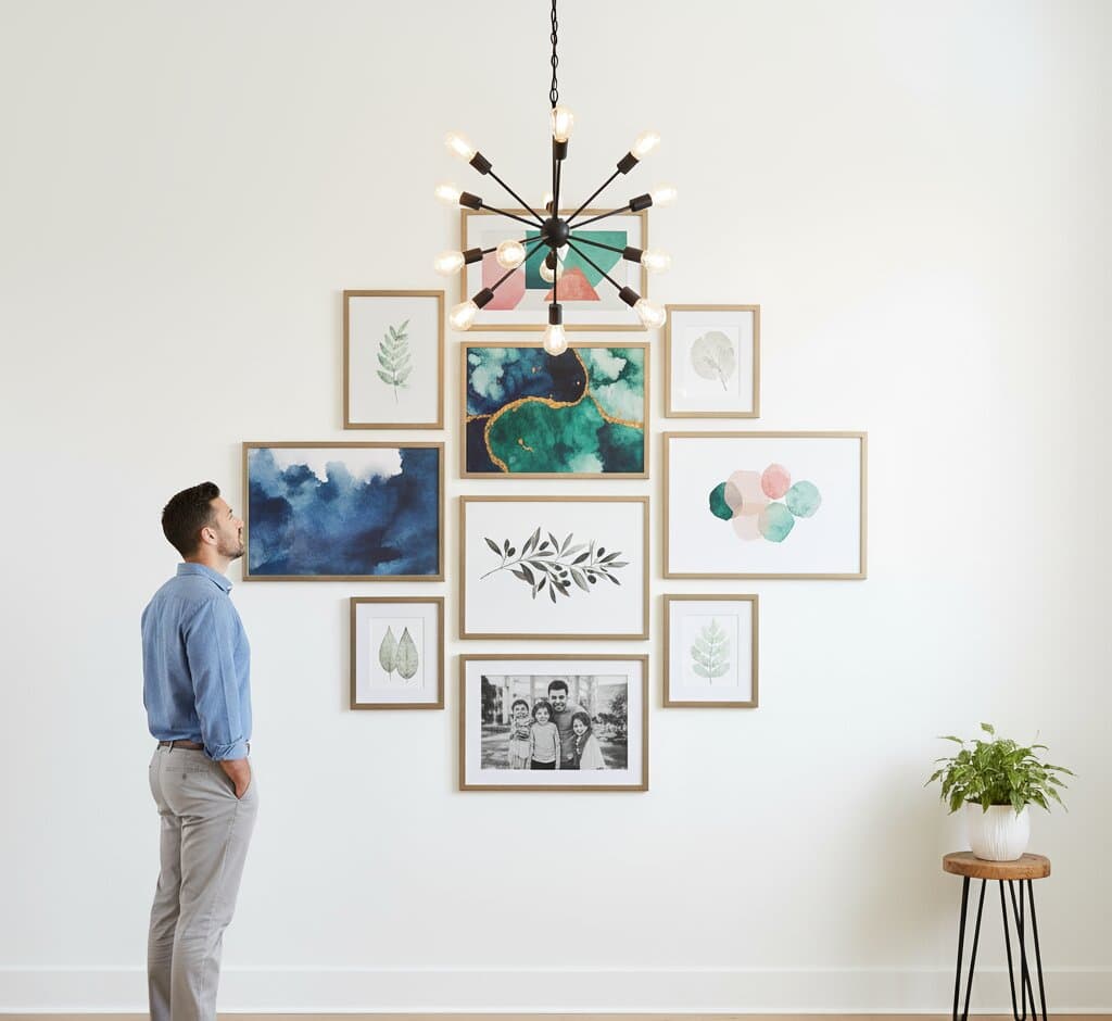 Man admires sophisticated gallery wall of Brushed Gold Frame beaded frames featuring watercolor abstracts botanical illustrations and black-and-white family photos beneath modern chandelier