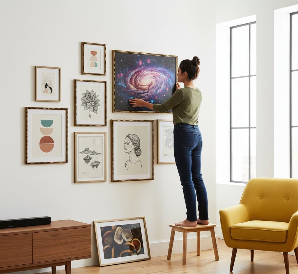 Woman on wooden stool adjusts spiral galaxy photograph in Brushed Gold Frame beaded frames gallery wall featuring minimalist geometric prints botanical sketches and portrait art
