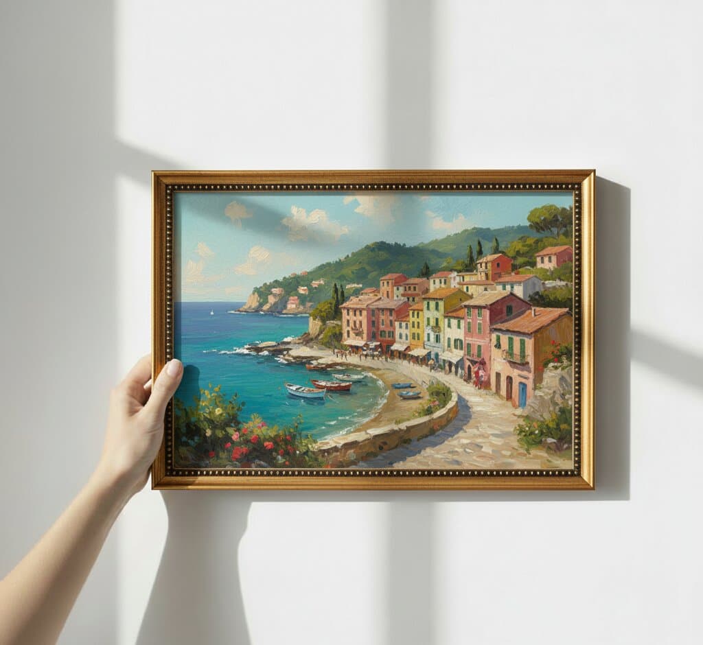 Hand holds Brushed Gold Frame beaded frame displaying vibrant Italian coastal village painting featuring colorful Mediterranean buildings turquoise harbor and sailboats