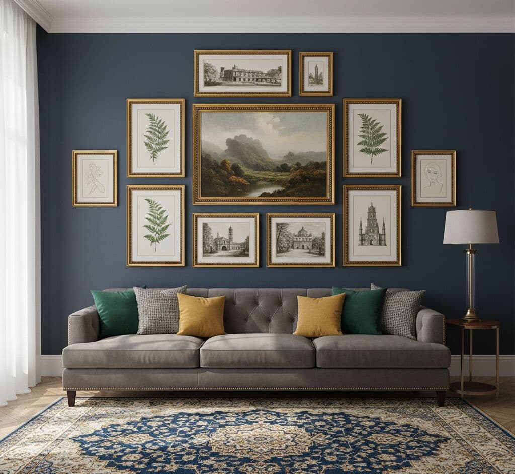 Dark blue living room wall features symmetrical gallery of Brushed Gold frames displaying botanical prints and architectural art above gray sofa with colorful pillows