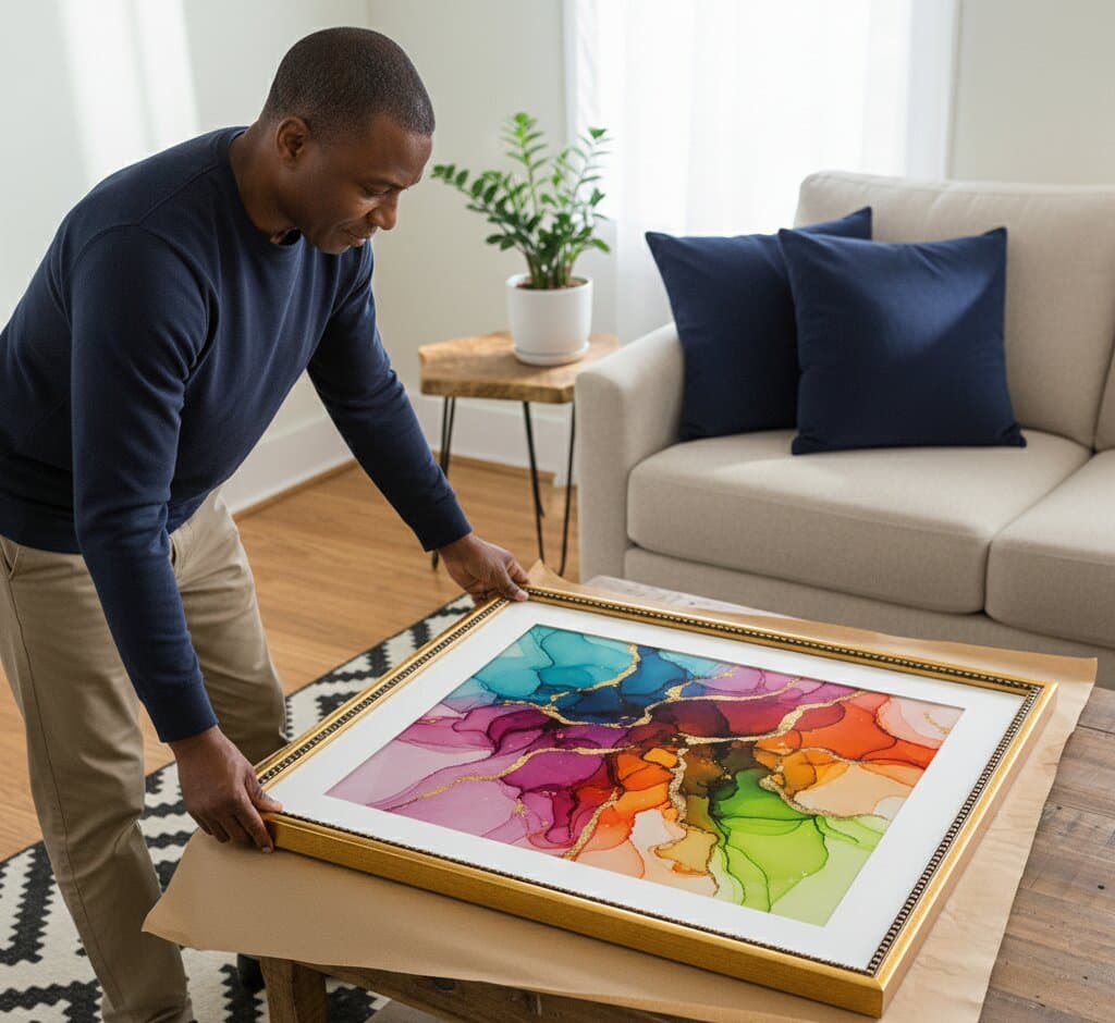 Man carefully unwraps large Brushed Gold Frame beaded frame showcasing spectacular rainbow abstract alcohol ink painting with vibrant magenta orange yellow green and blue flowing colors