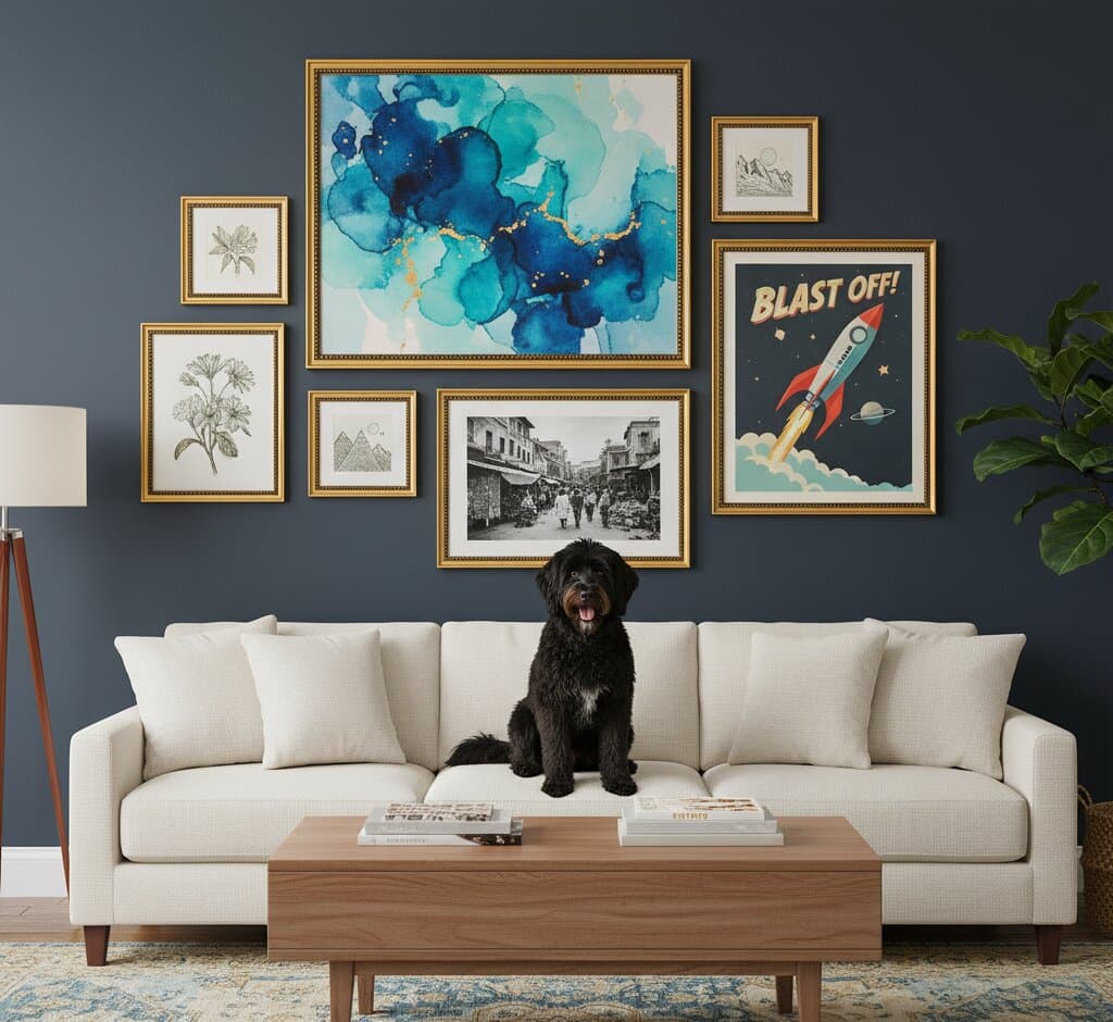 Black dog sits on white sofa before navy accent wall featuring curated Brushed Gold Frame beaded frames gallery with teal watercolor abstract vintage street scene and retro rocket poster