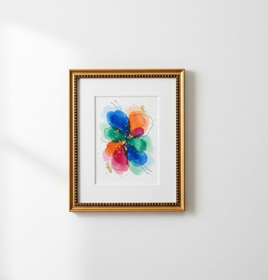 Brushed Gold frame with white mat holds bright watercolor flower painting in blue green orange and pink hues hanging on white wall in natural light