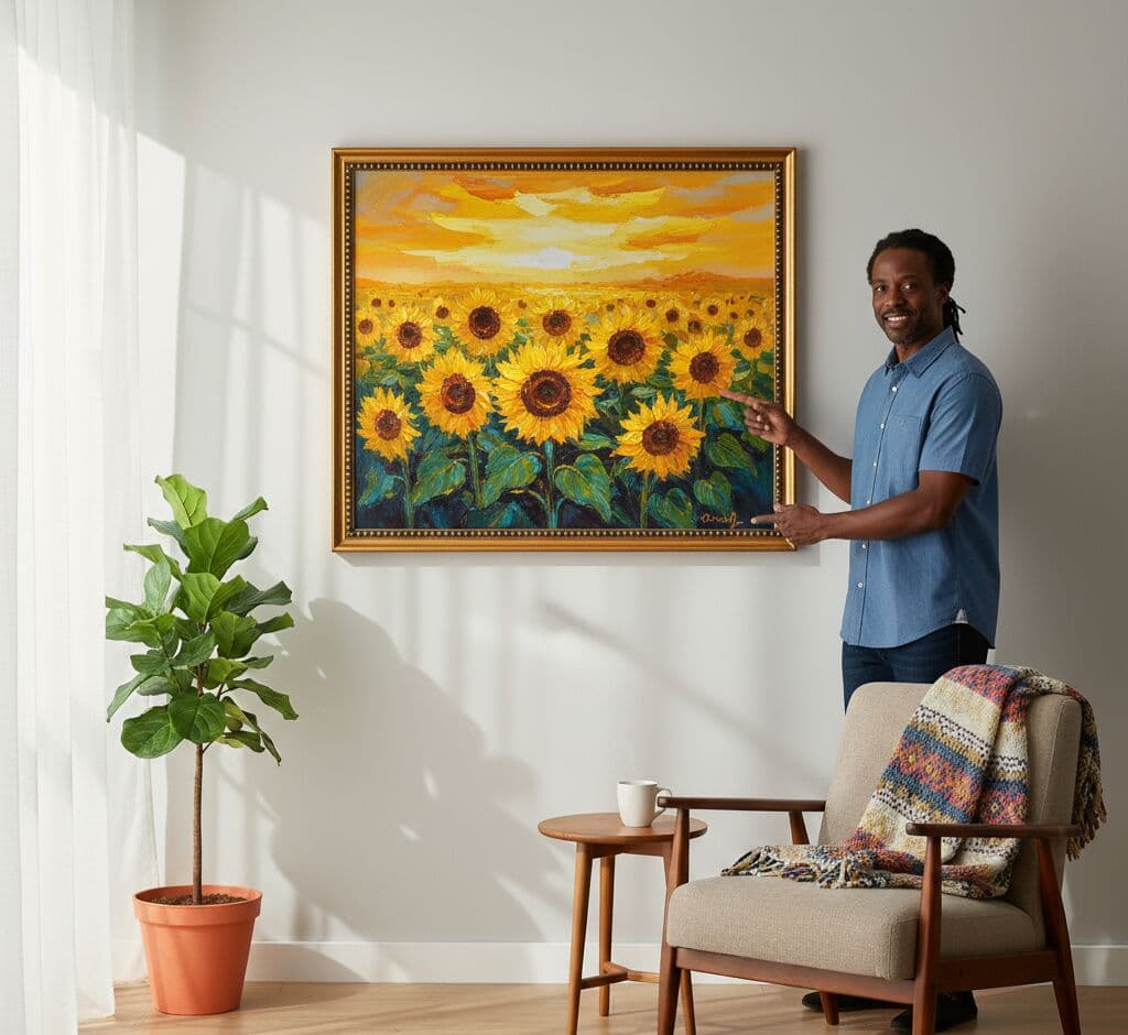 Man in blue shirt stands beside large Brushed Gold Frame framed painting of sunflowers in bright living room with plant side table and mid-century chair