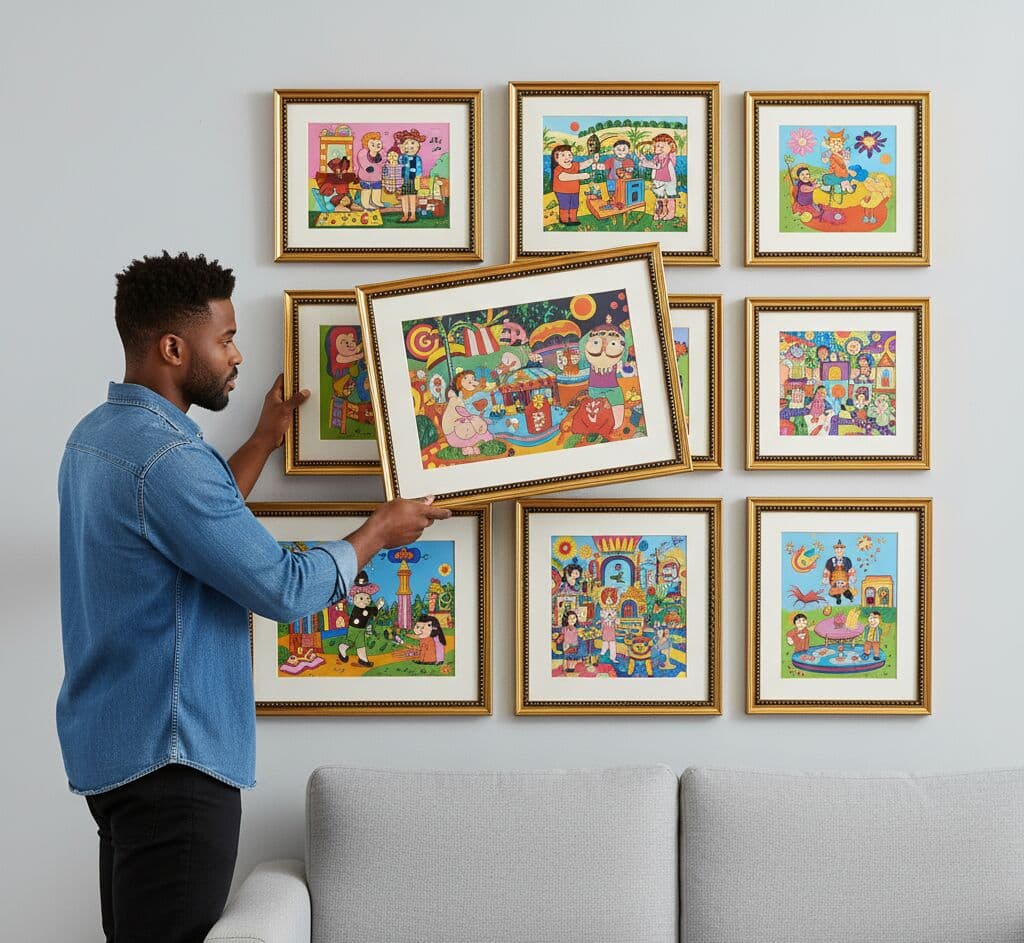 Man in denim shirt arranges grid of nine colorful Brushed Gold Frame framed illustrations on gray wall each featuring playful cartoon-style characters and scenes