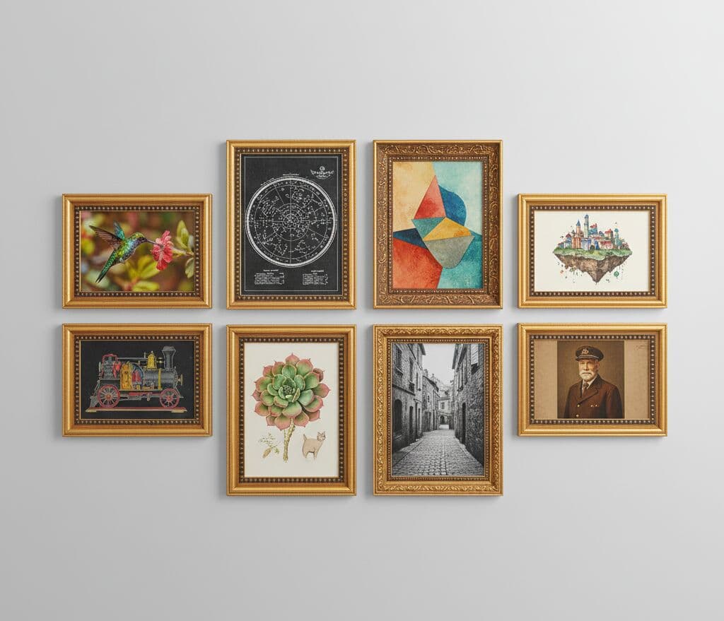 Gallery wall of eight Brushed Gold frames displays mix of artwork including hummingbird abstract art succulent vintage locomotive and star map on neutral wall
