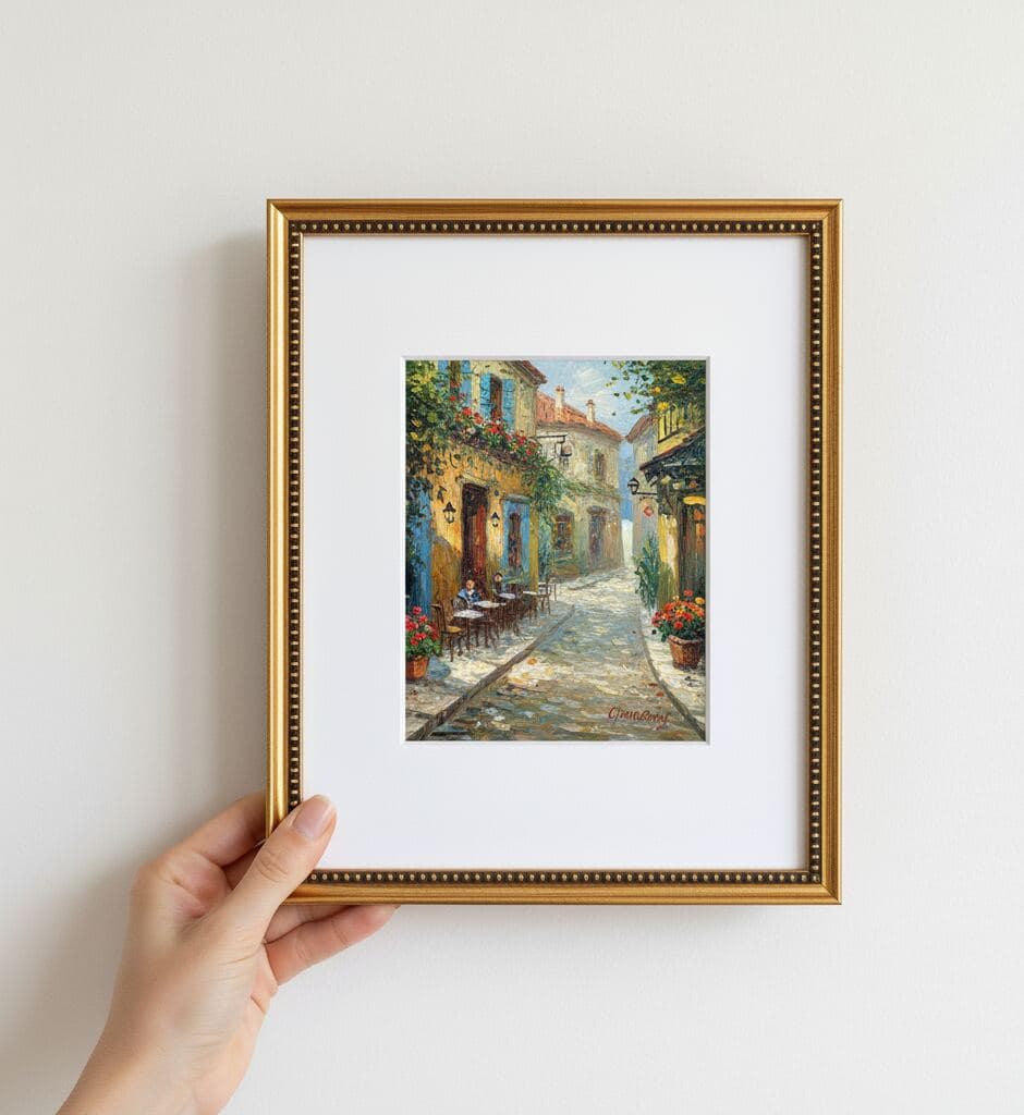 Hand holds square Brushed Gold frame featuring painting of sunlit European street lined with colorful buildings and outdoor cafe tables