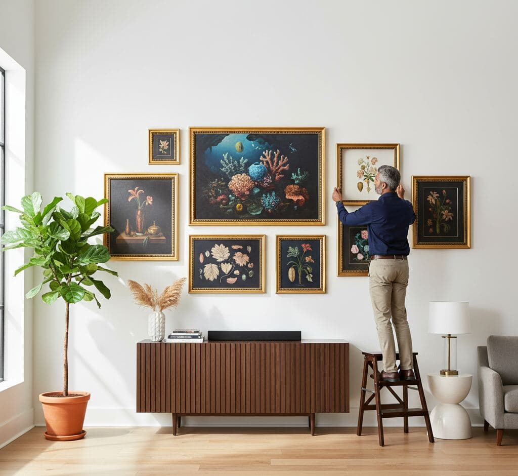 Man stands on step stool adjusting wall display of Brushed Gold Frame framed botanical and underwater-themed artworks in modern living room with bright natural light