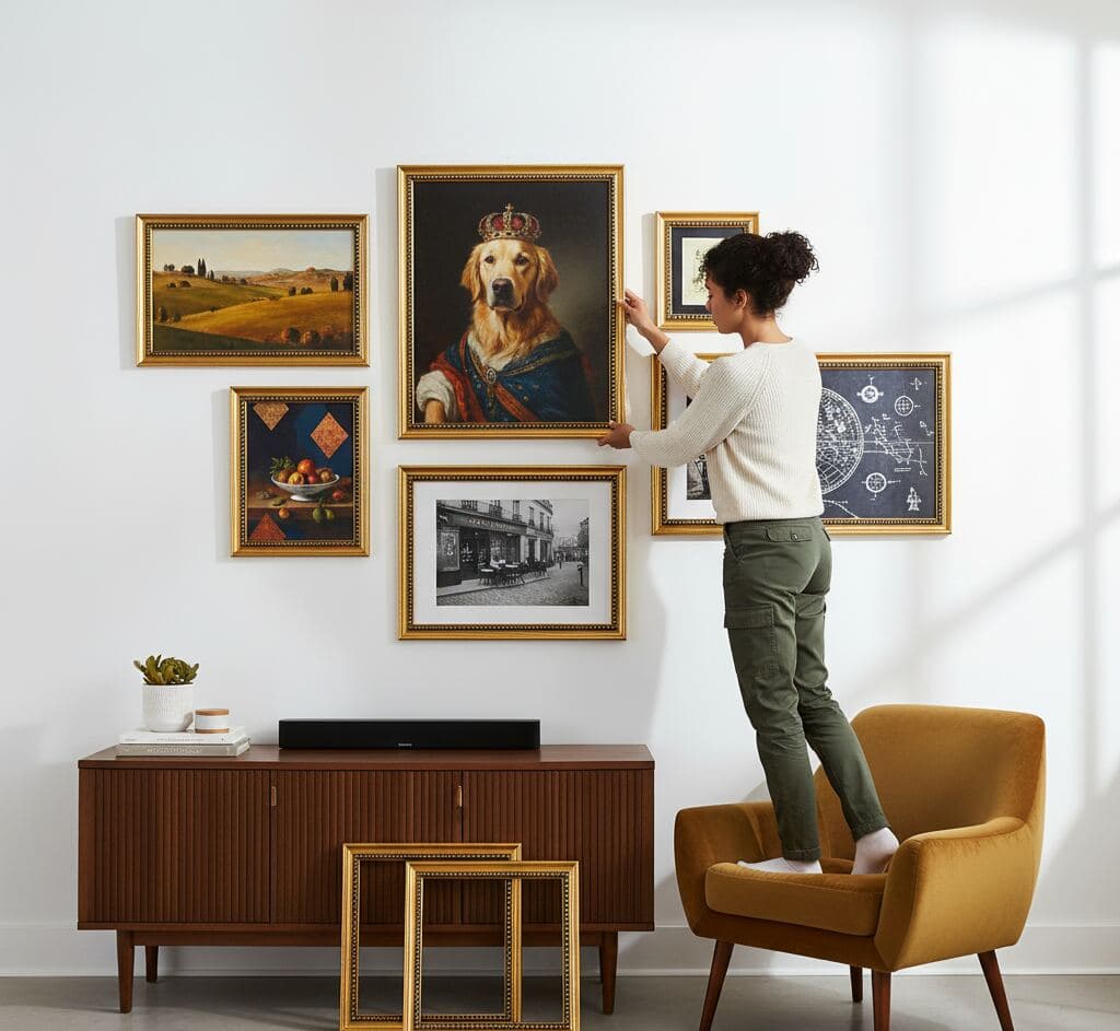 Woman stands on mustard armchair hanging gallery wall of Brushed Gold frames including portrait of dog in royal attire and various vintage-style artworks