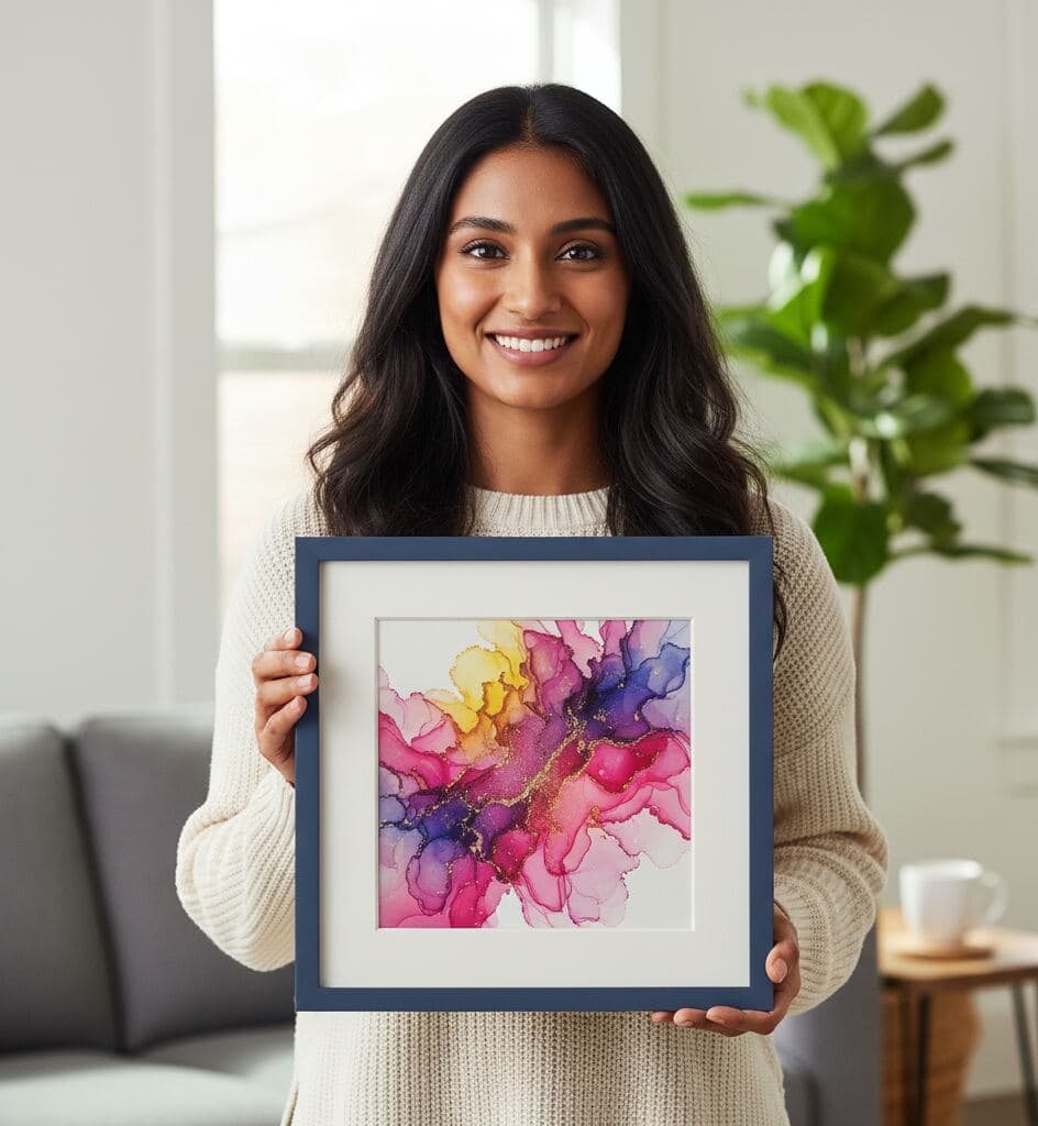 Woman in cream sweater holds navy-blue picture frame displaying vibrant abstract watercolor artwork in pink, purple, and yellow tones