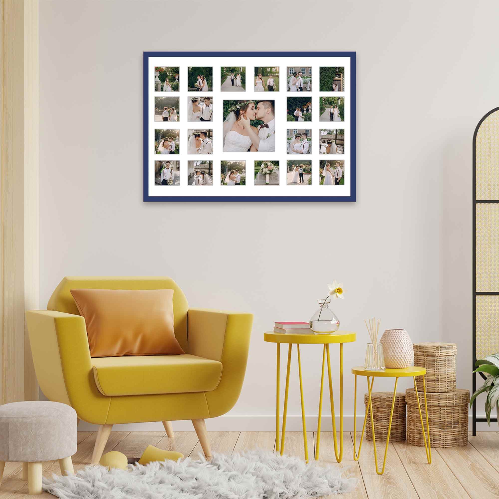Modern room with yellow armchair and side tables features navy-blue collage frame displaying grid of wedding photographs on neutral wall
