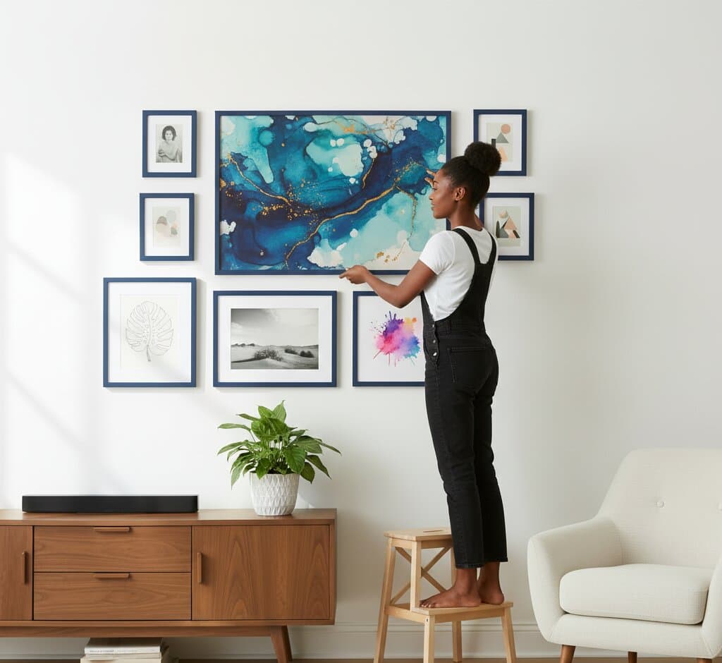 Woman on wooden stool adjusts Blue Picture frame gallery wall featuring stunning alcohol ink abstract centerpiece in turquoise navy and gold surrounded by botanical line drawings and minimalist prints