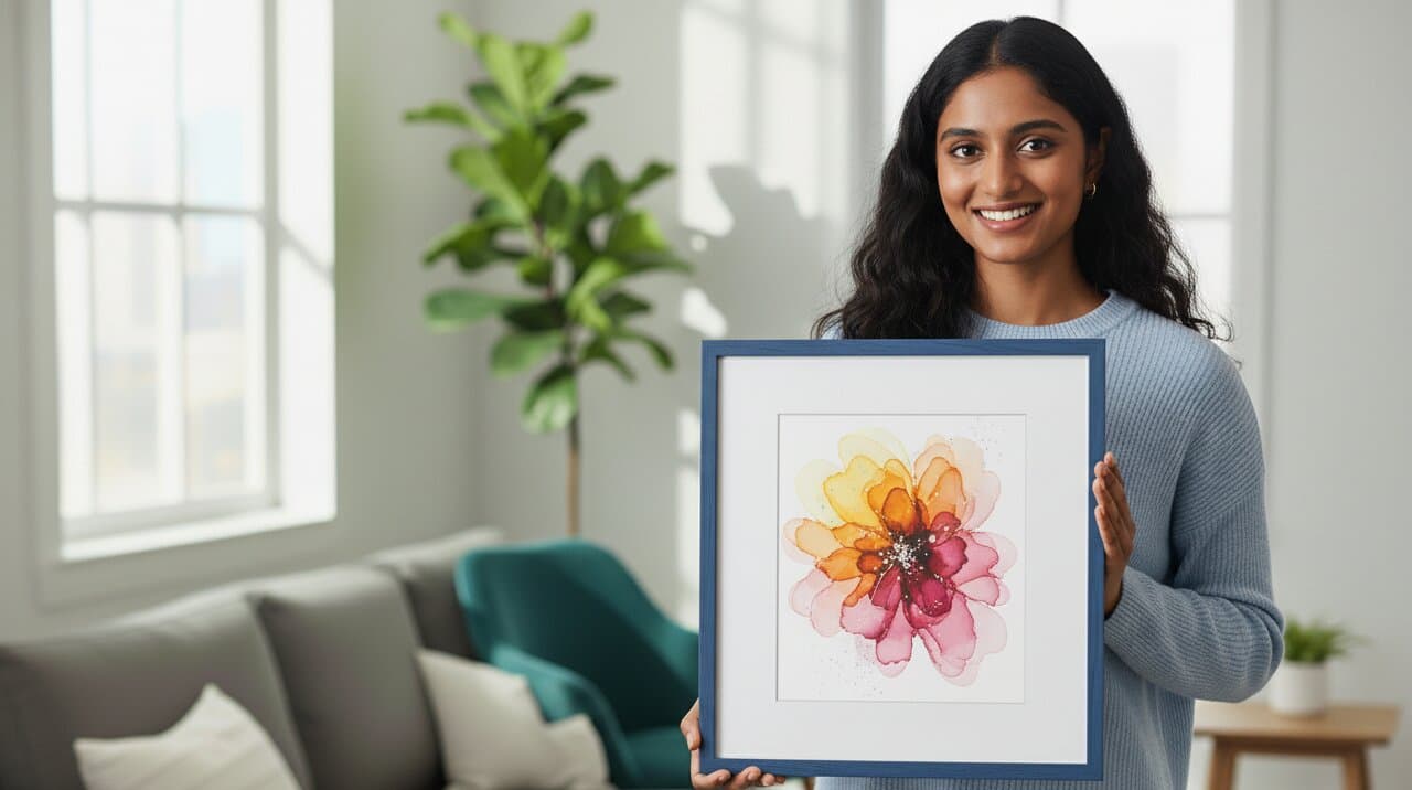 Smiling woman in blue ribbed sweater holds Blue Picture frame with white mat showcasing delicate watercolor flower painting in golden orange yellow and pink tones in bright modern interior