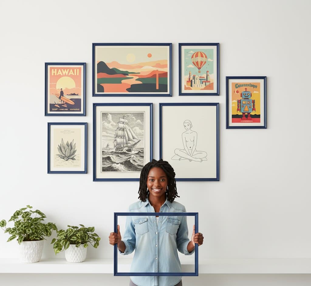 Joyful woman holds empty Blue Picture frame against eclectic gallery wall featuring vintage Hawaii poster desert landscape hot air balloon illustration sailing ship engraving and minimalist line drawings
