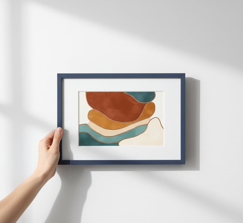Hand holds Blue Picture frame with white mat displaying modern abstract geometric art featuring flowing organic shapes in rust orange teal cream and navy on minimalist white wall