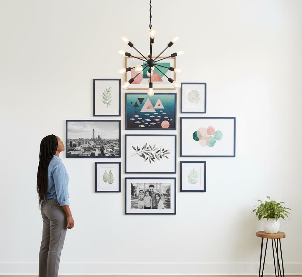 Woman admires sophisticated Blue Picture frames gallery wall beneath modern starburst chandelier featuring geometric fish illustration watercolor abstracts botanical sketches and black-and-white family portrait photography