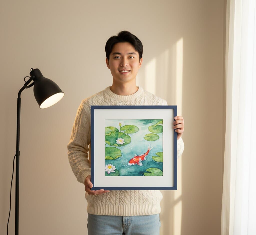 Smiling man in cable knit sweater holds Blue Picture frame displaying serene watercolor painting of red-orange koi fish swimming among lily pads and lotus flowers in tranquil pond setting