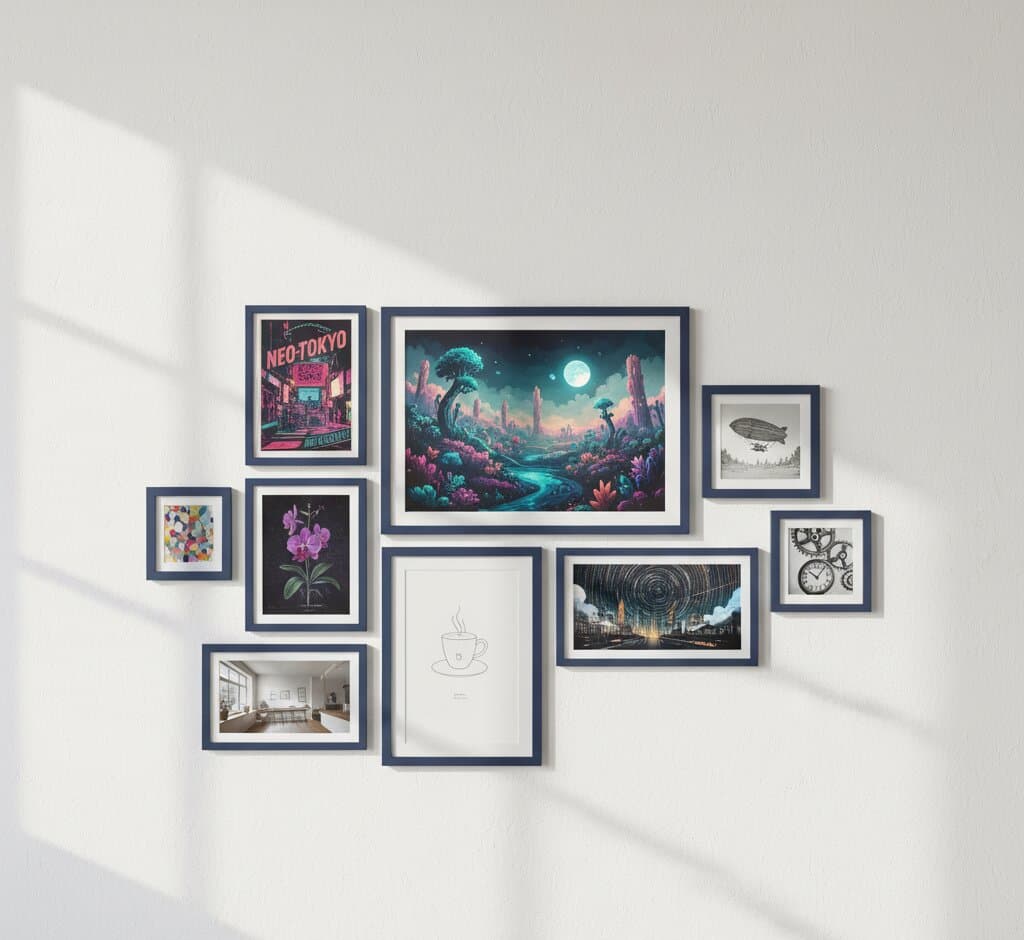 Dramatic Blue Picture frames gallery wall showcases fantasy alien landscape centerpiece with glowing moon vibrant Neo-Tokyo cyberpunk poster botanical orchid illustration vintage zeppelin photograph and minimalist art prints