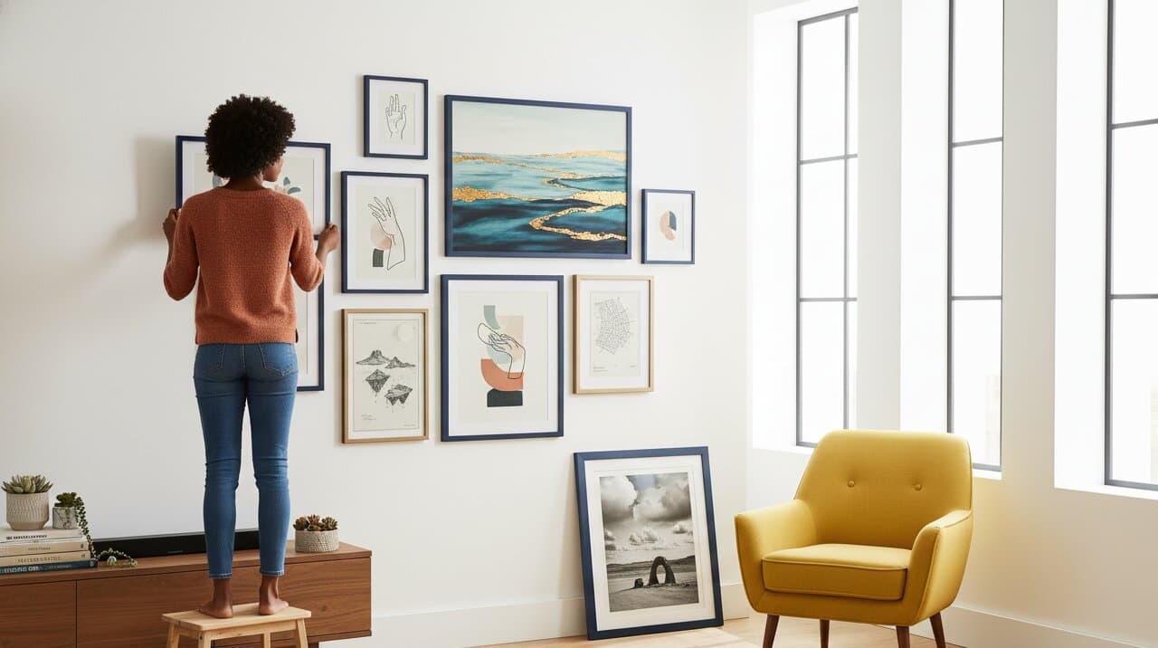 Woman on wooden stool arranges Blue Picture frames gallery wall featuring ocean abstract with gold leaf accents minimalist line art botanical illustrations beside floor-to-ceiling windows and mustard accent chair