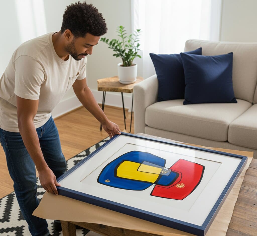 Man carefully examines large Blue Picture Frame framed geometric abstract art featuring bold primary colors red yellow and blue on coffee table in minimalist living room with navy pillows and geometric rug