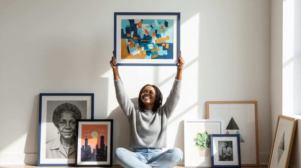 Joyful woman seated cross-legged raises Blue Picture Frame framed cubist abstract painting featuring teal orange and navy geometric blocks surrounded by collection of unframed artwork including vintage portrait and cityscape