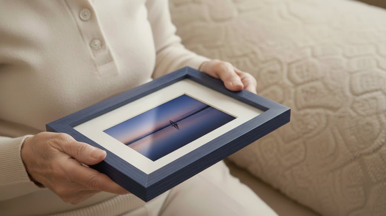 Close-up hands holding small Blue Picture frame with white mat showcasing atmospheric aviation photography of silhouetted airplane against vibrant purple orange and blue gradient sunset sky