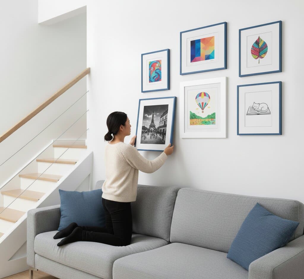 Woman kneels on gray sofa arranging Blue Picture frames gallery wall featuring black-and-white Eiffel Tower photograph geometric abstract art hot air balloon illustration rainbow watercolor leaf and minimalist line drawing cat sketch