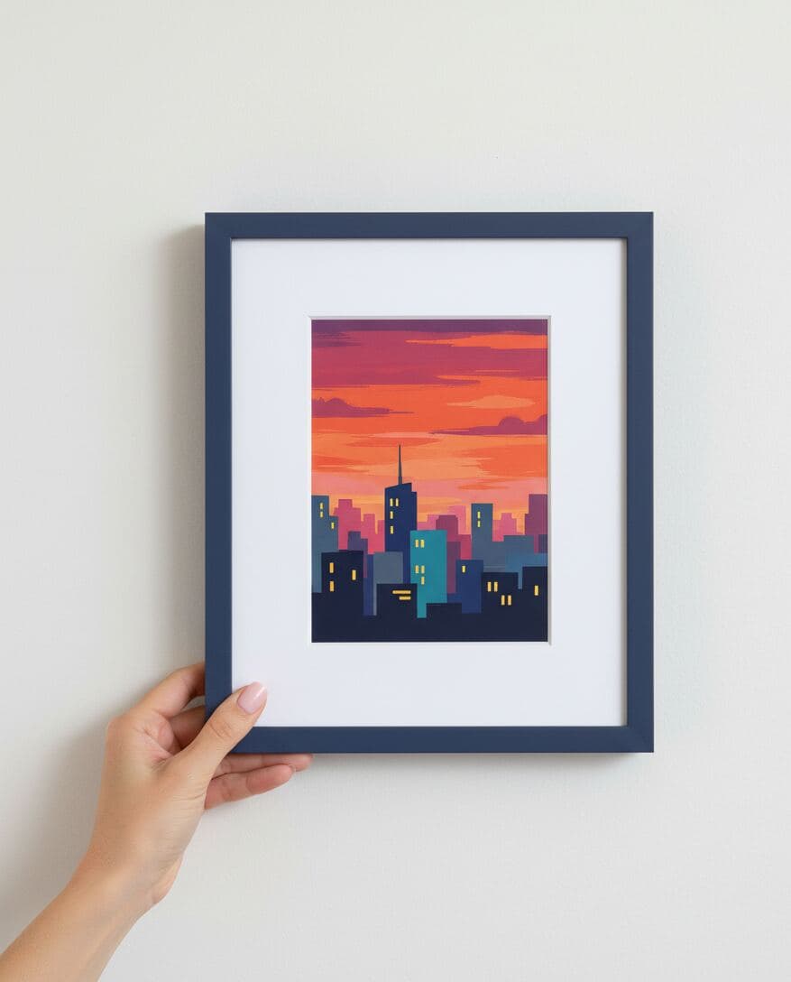 Hand holds small navy-blue picture frame containing colorful city skyline illustration at sunset