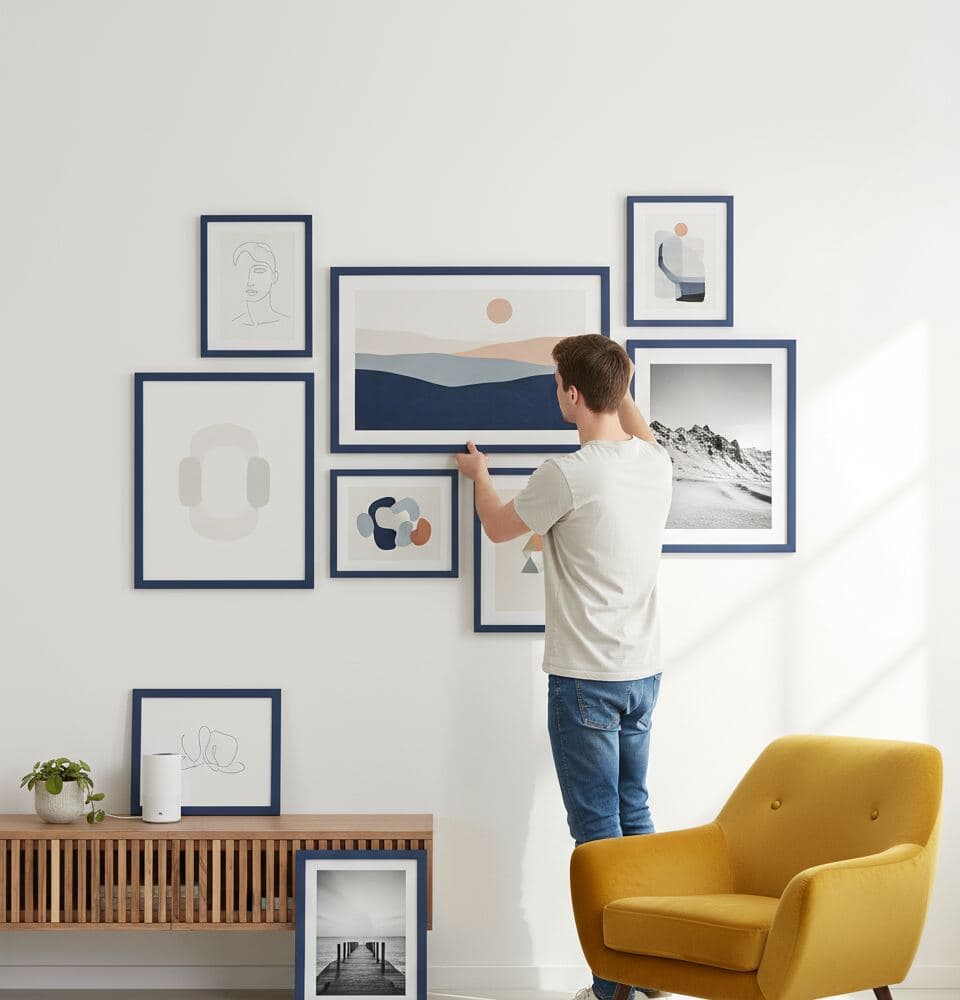 Man in white t-shirt arranges navy-blue picture frames with abstract and landscape artwork on bright living room wall beside mustard armchair