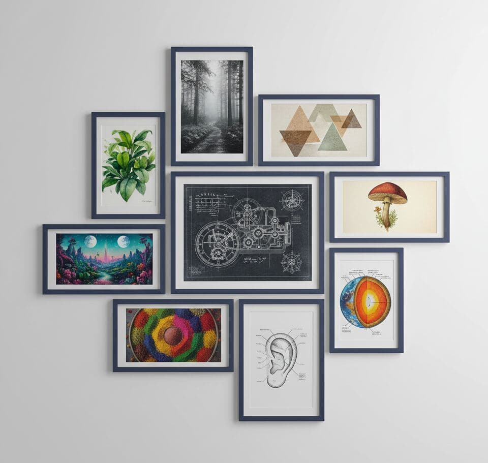 Gallery wall of navy-blue picture frames displays botanical prints, geometric designs, mushroom illustration, and mechanical blueprint artwork