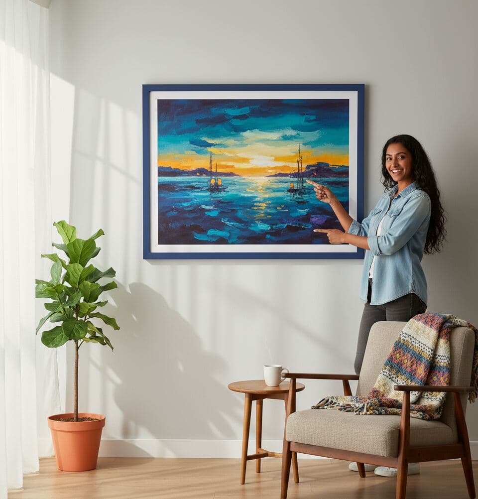 Woman in denim shirt stands in living room pointing to large framed seascape painting with blue and yellow tones above chair and side table