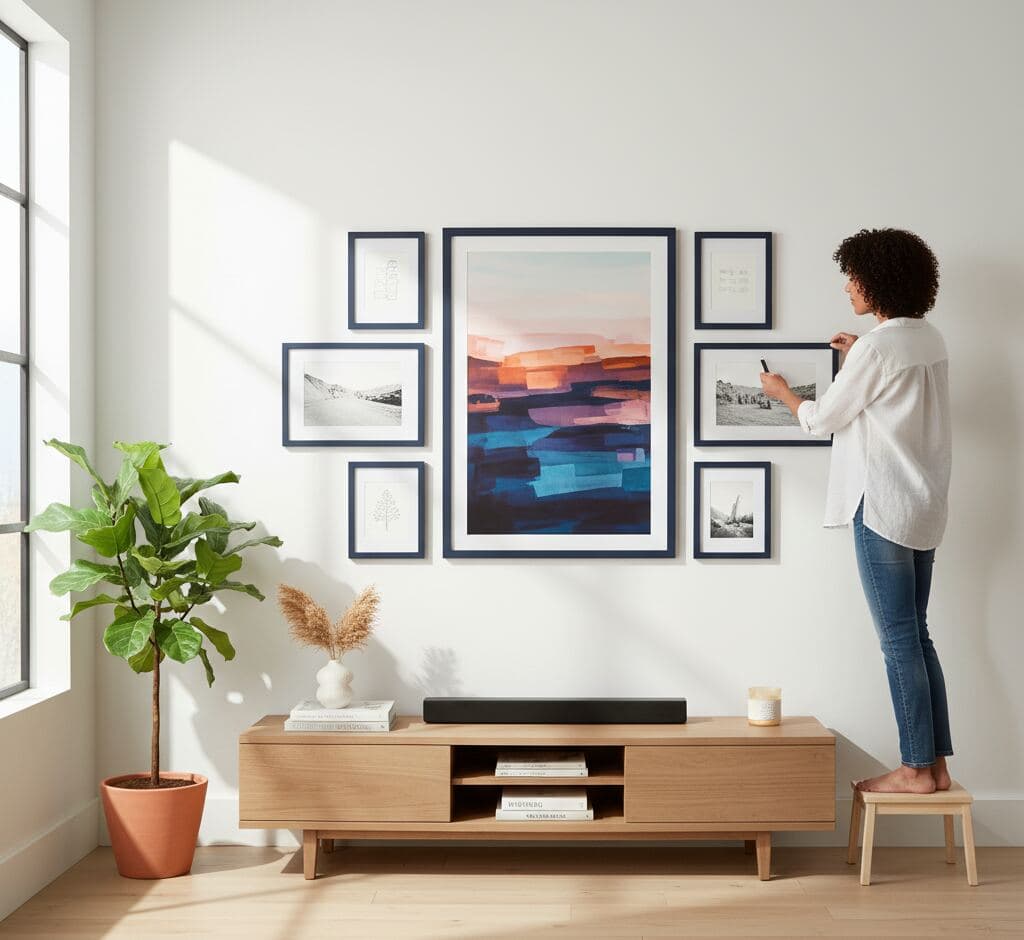 Woman stands on small stool adjusting navy-blue frame gallery with abstract and landscape art in bright room with wood furniture and plants