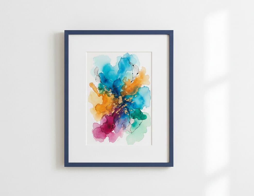 Navy-blue picture frame with white mat displays colorful watercolor flower painting in blue, orange, pink, and green tones against white wall