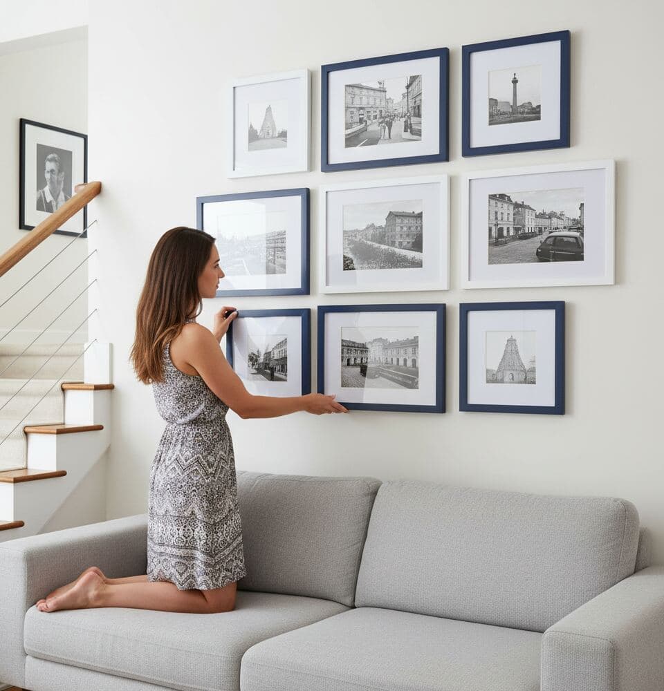 Woman kneels on light gray sofa adjusting gallery wall of nine navy-blue and white picture frames displaying black-and-white architectural photographs in bright modern living room