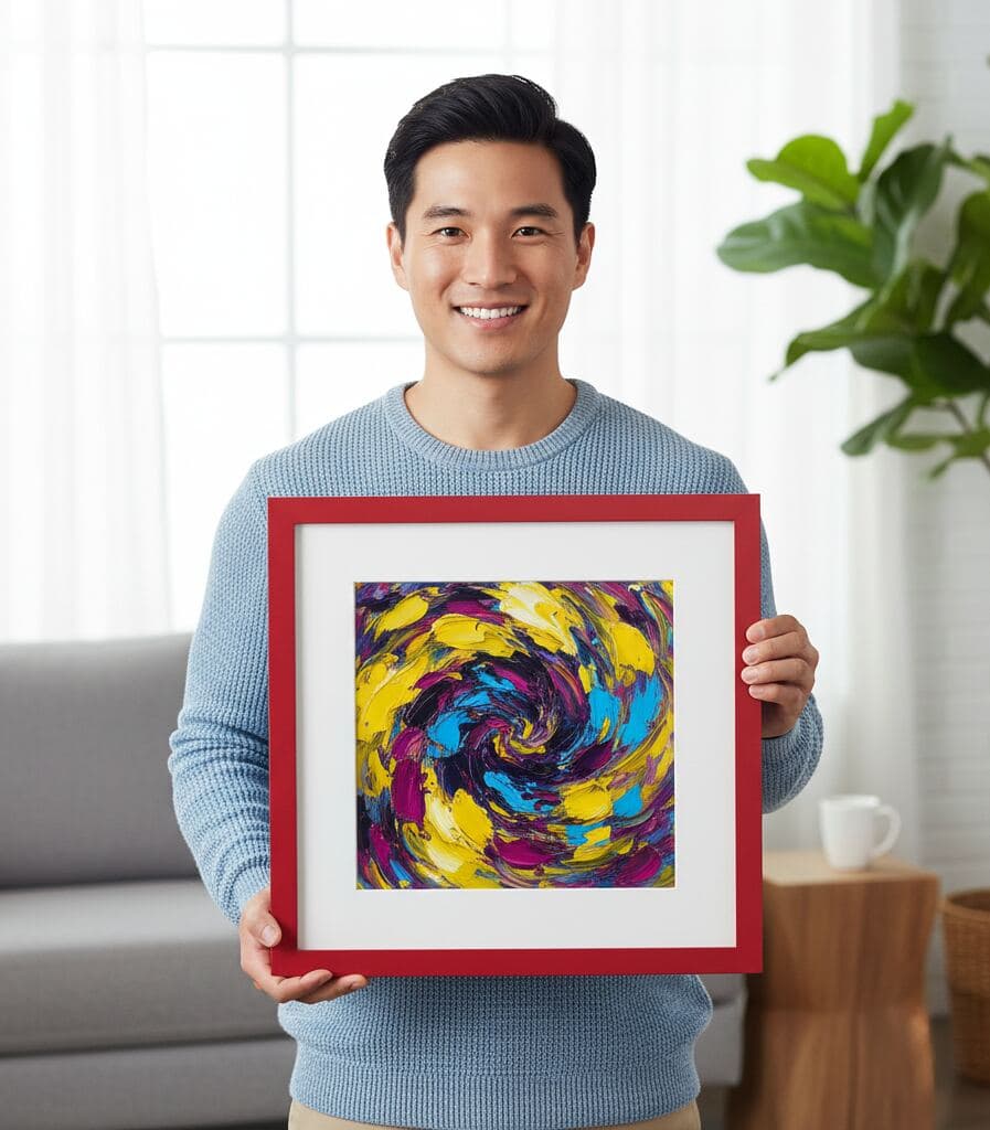 Man in light blue sweater holds red picture frame featuring abstract swirl painting in bold yellow, blue, and magenta colors