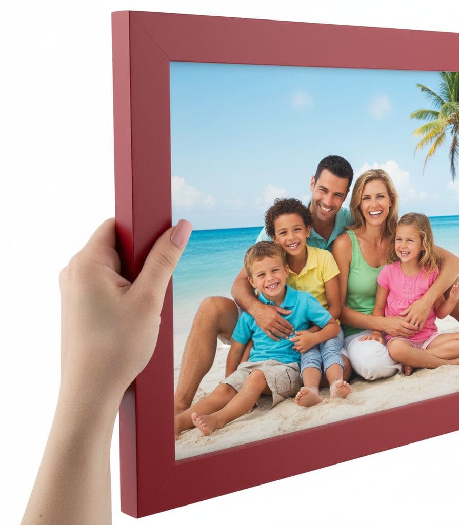 Close-up view of hands holding red picture frame displaying family photo of two adults and three children sitting together on sunny beach