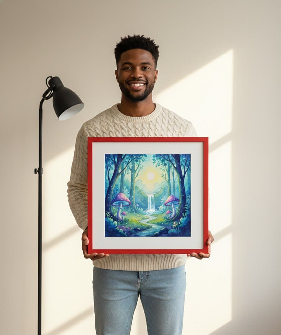 Smiling man in beige cable-knit sweater holds burgundy red wood picture frame displaying fantasy forest art with giant mushrooms, waterfall, and glowing moon in contemporary home with natural lighting