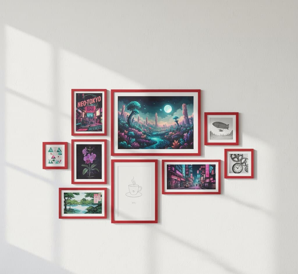Contemporary gallery wall arrangement featuring seven red wood picture frames displaying watercolor mountain landscape, fern botanical prints, geometric triangle art, black and white street photography, and family photo collage beneath modern chandelier with houseplant accent