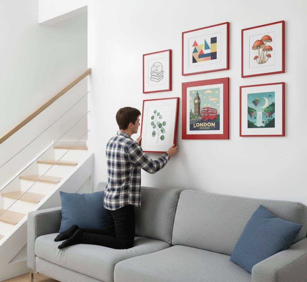 Man in plaid shirt arranging stairway gallery wall featuring six red picture frames displaying botanical eucalyptus print, geometric patterns, vintage London travel poster, and hot air balloon landscape in modern home with white shiplap wall and gray sofa