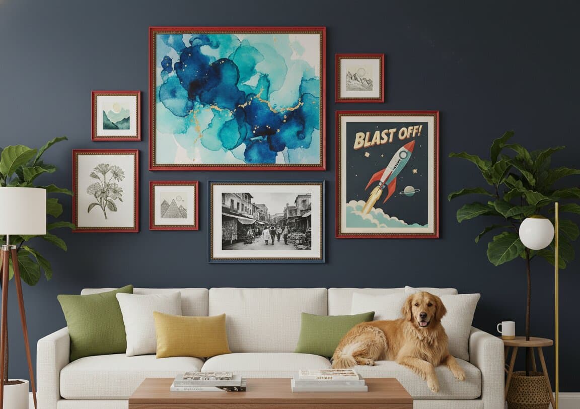 Sophisticated living room with navy blue accent wall featuring gallery arrangement of seven red picture frames displaying abstract blue watercolor art, botanical sketches, vintage street photography, and retro rocket poster with golden retriever relaxing on cream sofa flanked by potted fiddle leaf figs