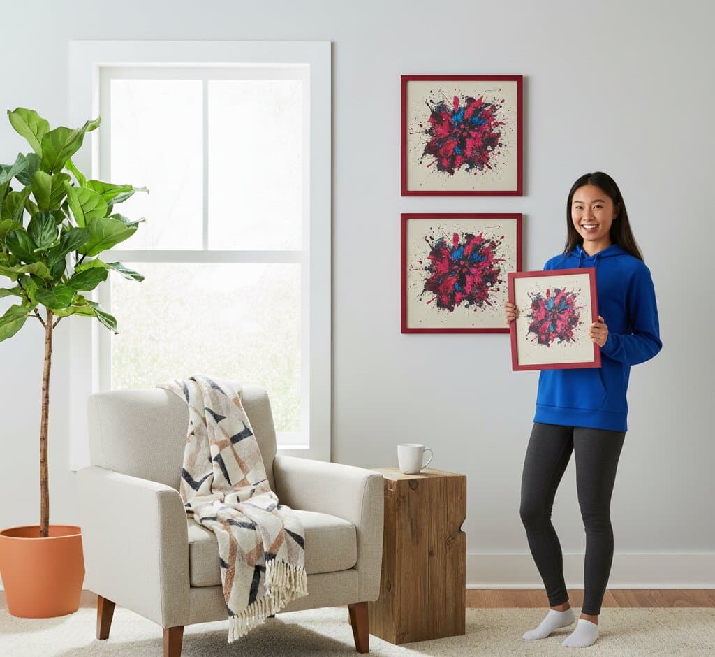 Woman in blue athletic hoodie holds red wood picture frame displaying vibrant paint splatter abstract art in pink, blue, and red hues demonstrating bold color pairing for contemporary art display in bright living room with wall-mounted matching artwork