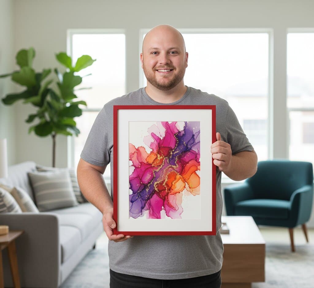 Smiling man in gray t-shirt holds burgundy red wood picture frame displaying vibrant alcohol ink abstract art in magenta, violet, orange, and gold showcasing picture framing for contemporary fluid art in bright modern living room with fiddle leaf fig and teal armchair