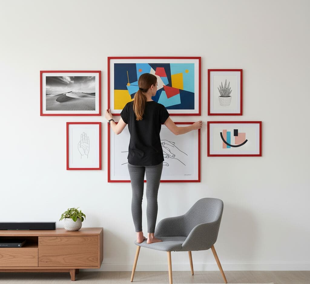 Woman in black shirt stands on gray chair adjusting gallery wall of red picture frames displaying abstract shapes, desert photo, and minimalist line drawings