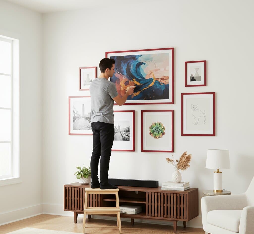 Man standing on media console arranging asymmetric gallery wall of seven red picture frames displaying abstract ocean wave painting, vintage cityscape photography, botanical succulent illustration, and minimalist cat line drawing above mid-century modern credenza in bright contemporary living room