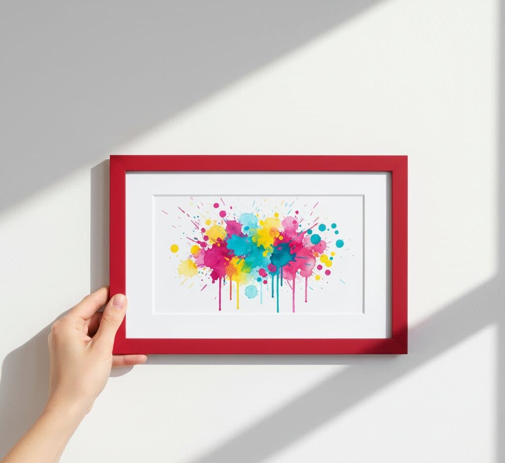 Close-up hand holding burgundy red wood picture frame displaying energetic paint splatter abstract art in vibrant yellow, pink, cyan, and magenta demonstrating picture framing for contemporary expressionist artwork with clean white mat border